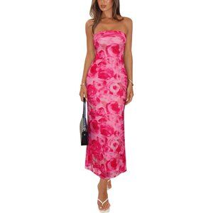 Women's Pink Floral Floral Mesh Strapless Backless Beach Cocktail Midi